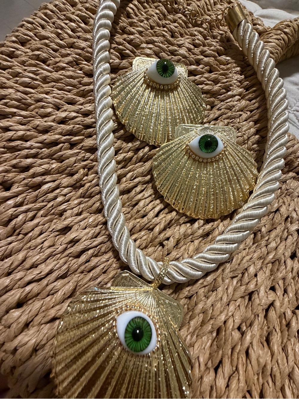 Gold Shell Necklace & Earring Set with Green Eye Accent